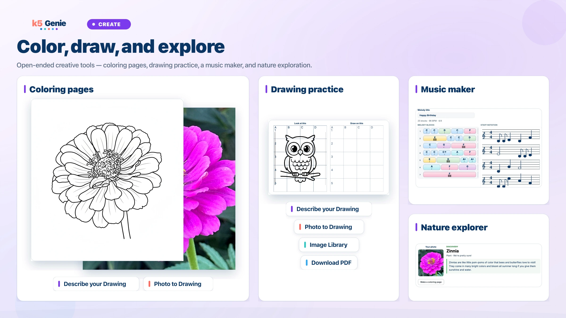 k5 Genie Create: photo to coloring line art and guided drawing.