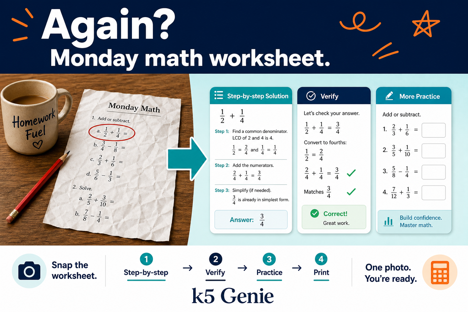 Monday math homework: snap a sheet for step-by-step verify, practice, and print.
