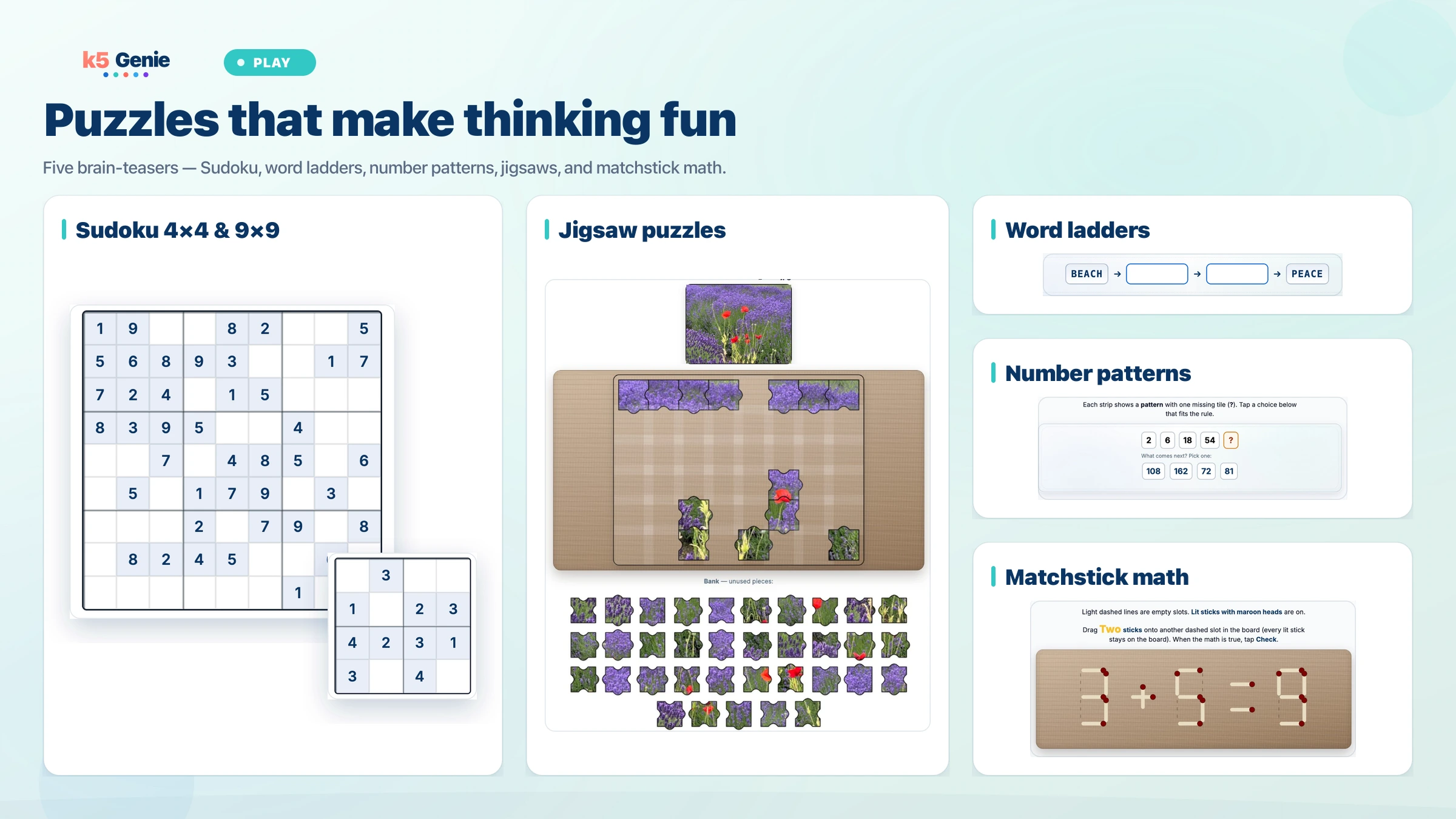 k5 Genie Play: jigsaw, Sudoku, and brain games for co-play.