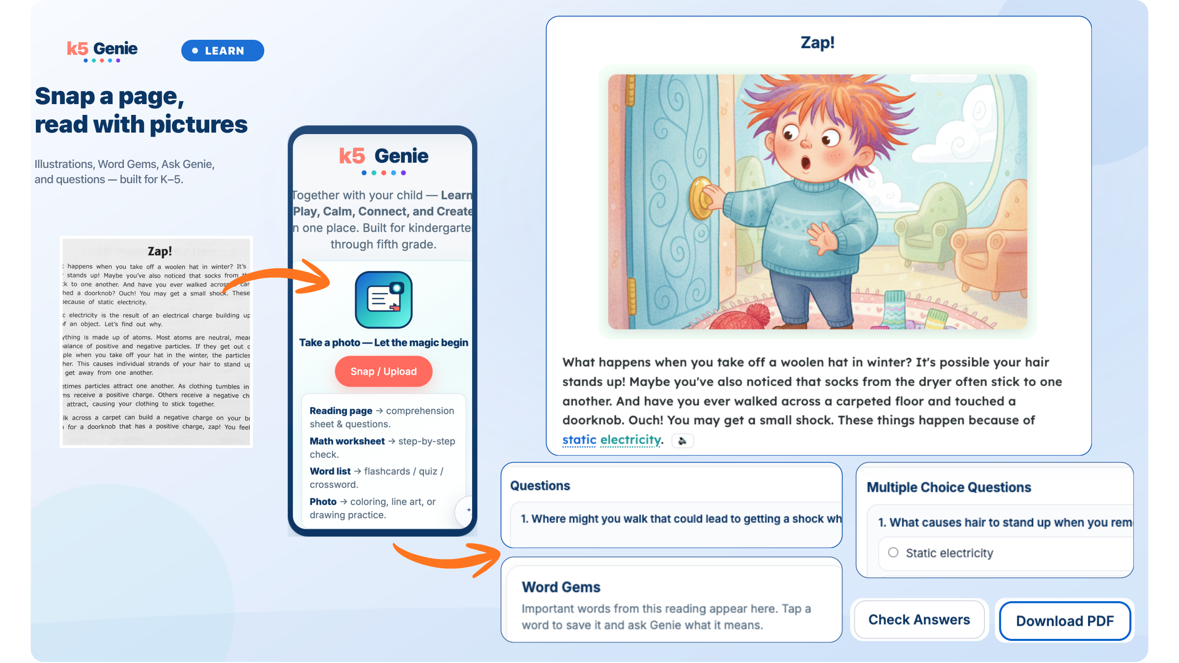 k5 Genie workflow: plain worksheet transformed into illustrated reading with Word Gems and comprehension questions.