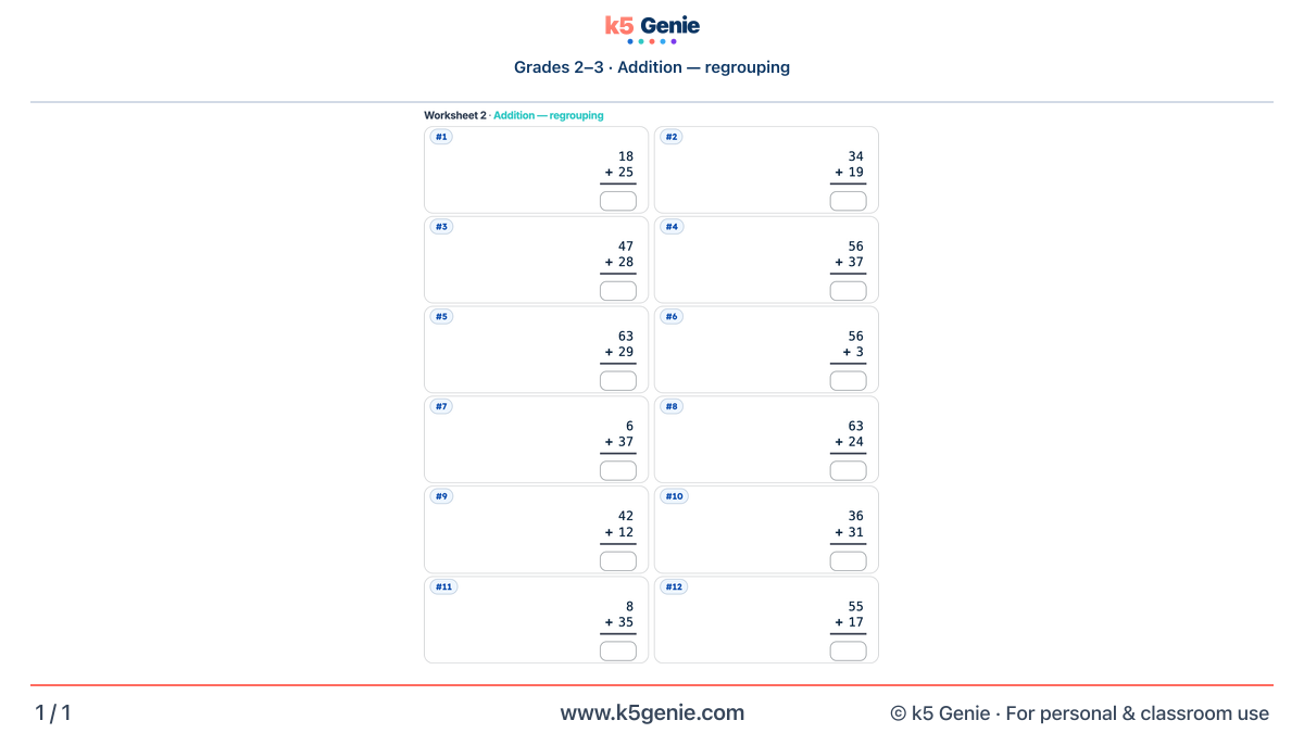 Math Genie worksheet — Addition — regrouping