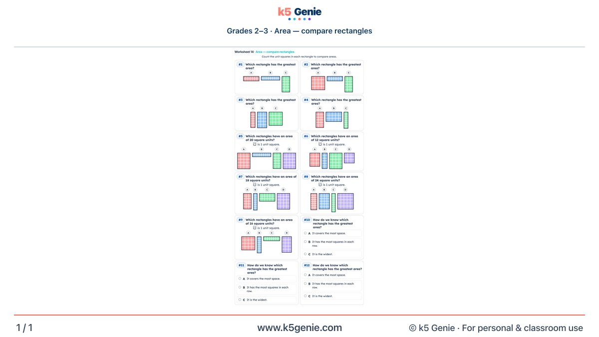 Math Genie worksheet — Area — compare rectangles