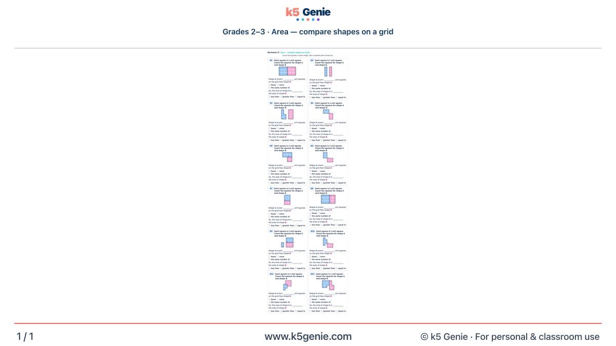 Math Genie worksheet — Area — compare shapes on a grid