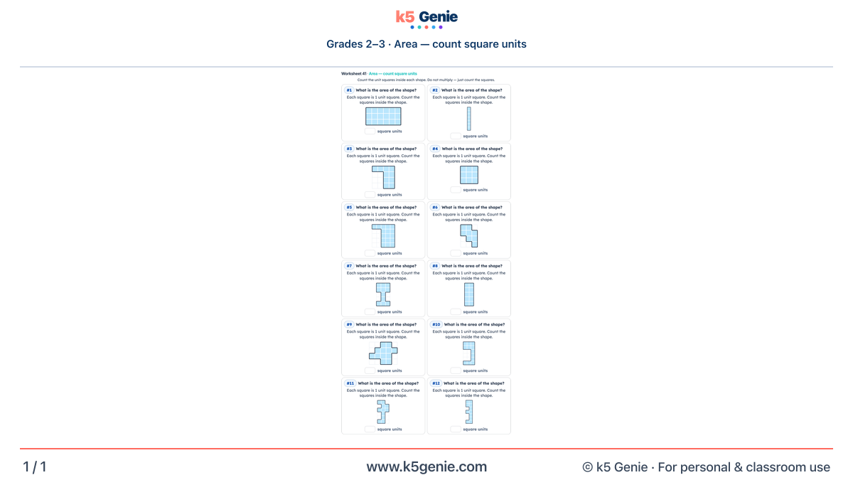 Math Genie worksheet — Area — count square units