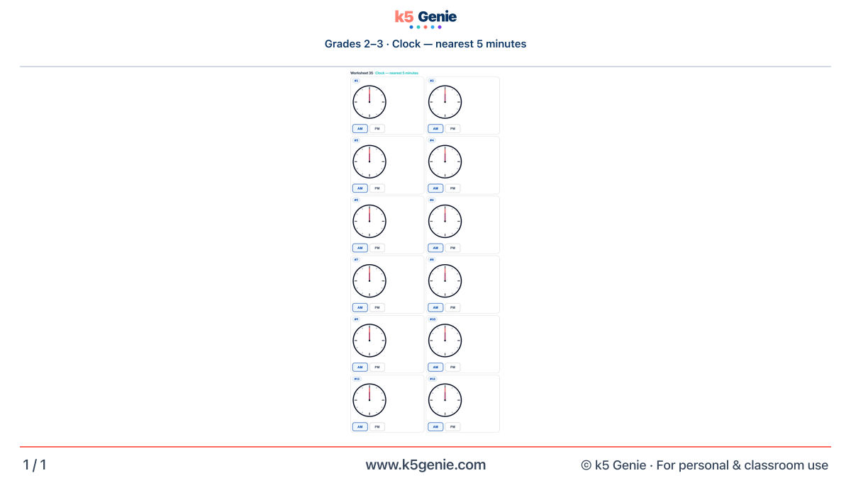 Math Genie worksheet — Clock — nearest 5 minutes