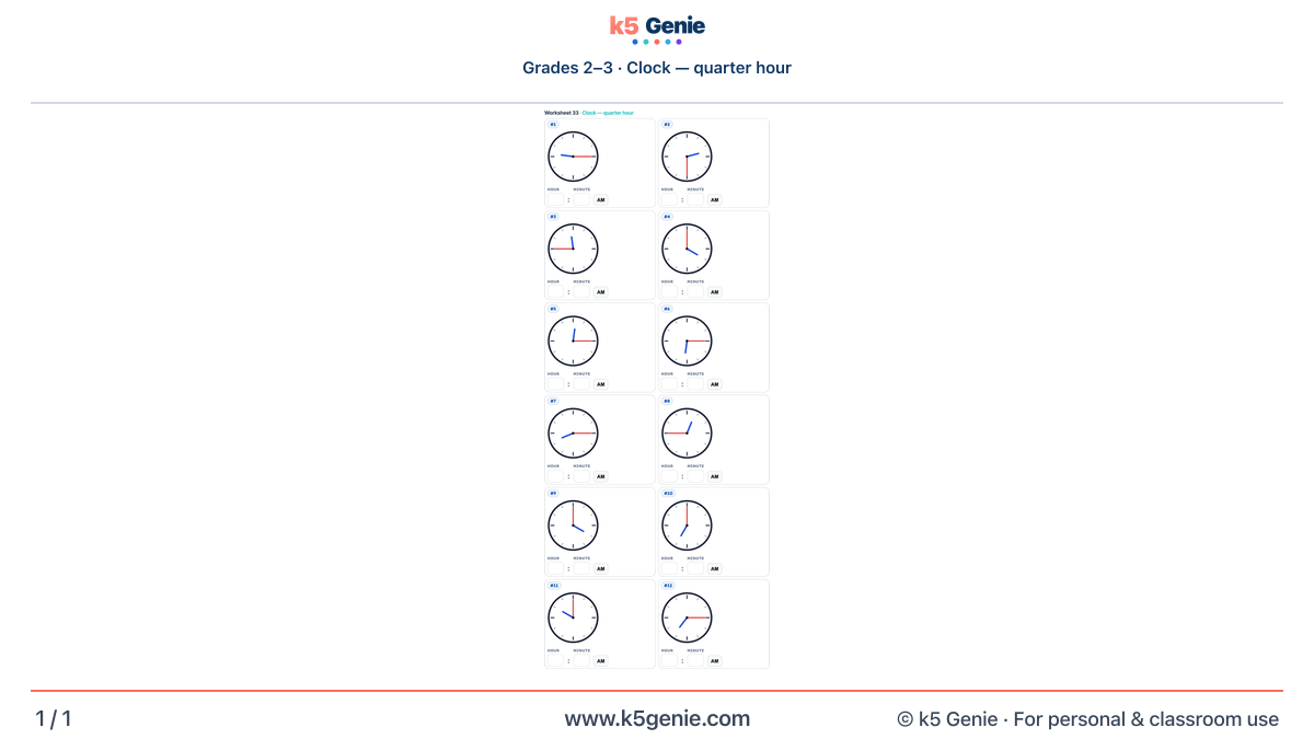 Math Genie worksheet — Clock — quarter hour