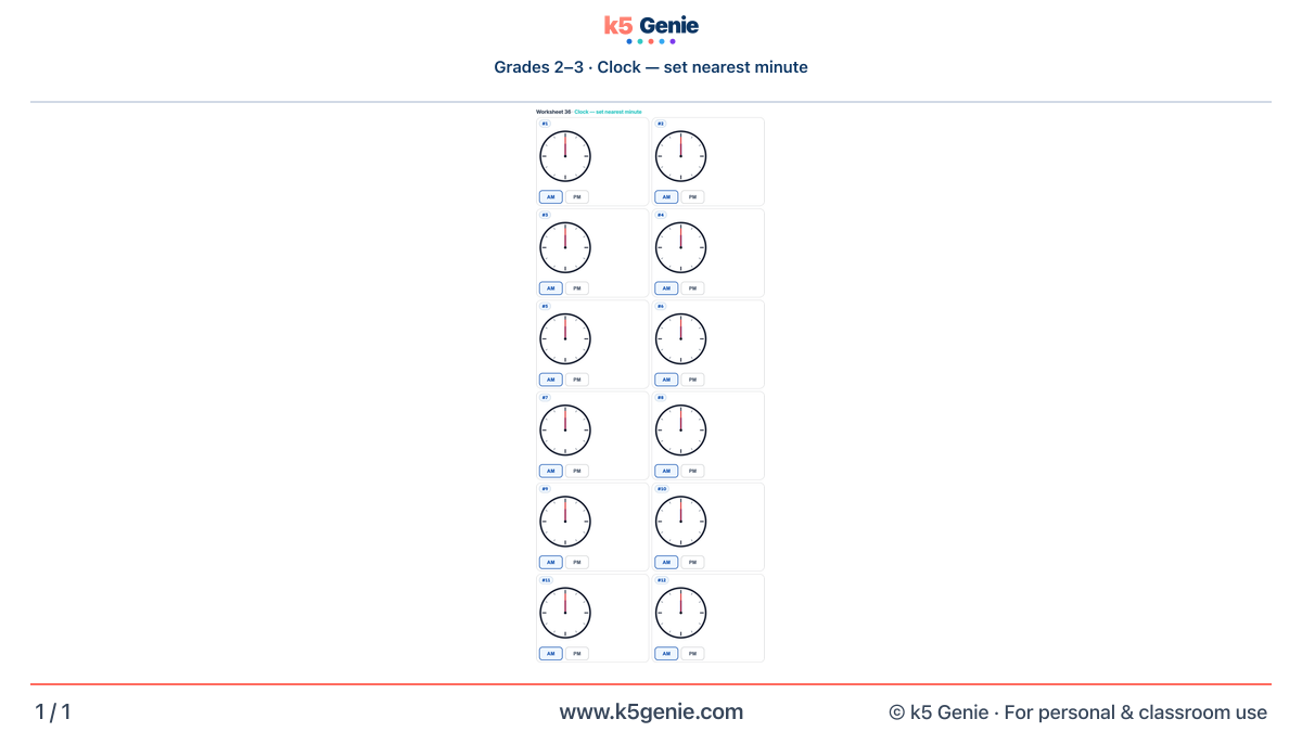 Math Genie worksheet — Clock — set nearest minute