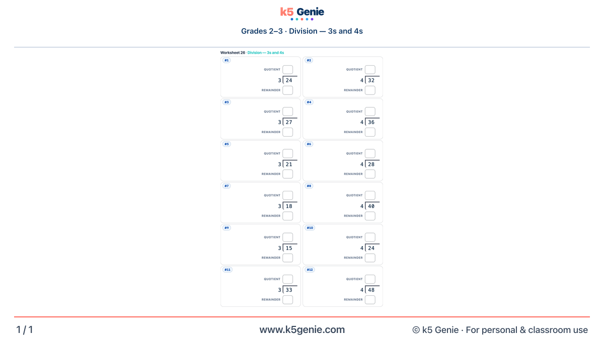Math Genie worksheet — Division — 3s and 4s