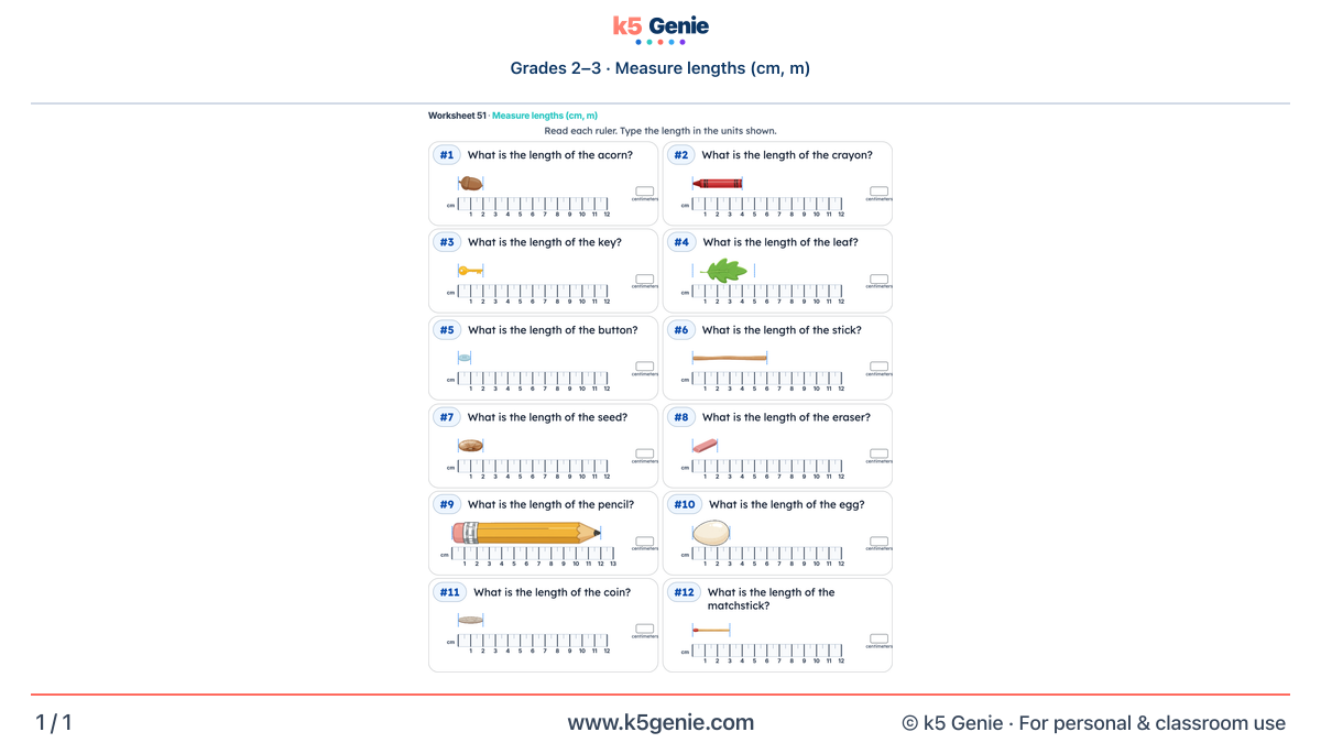Math Genie worksheet — Measure lengths (cm, m)