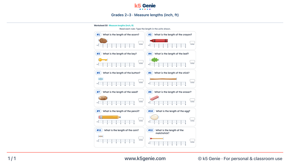 Math Genie worksheet — Measure lengths (inch, ft)