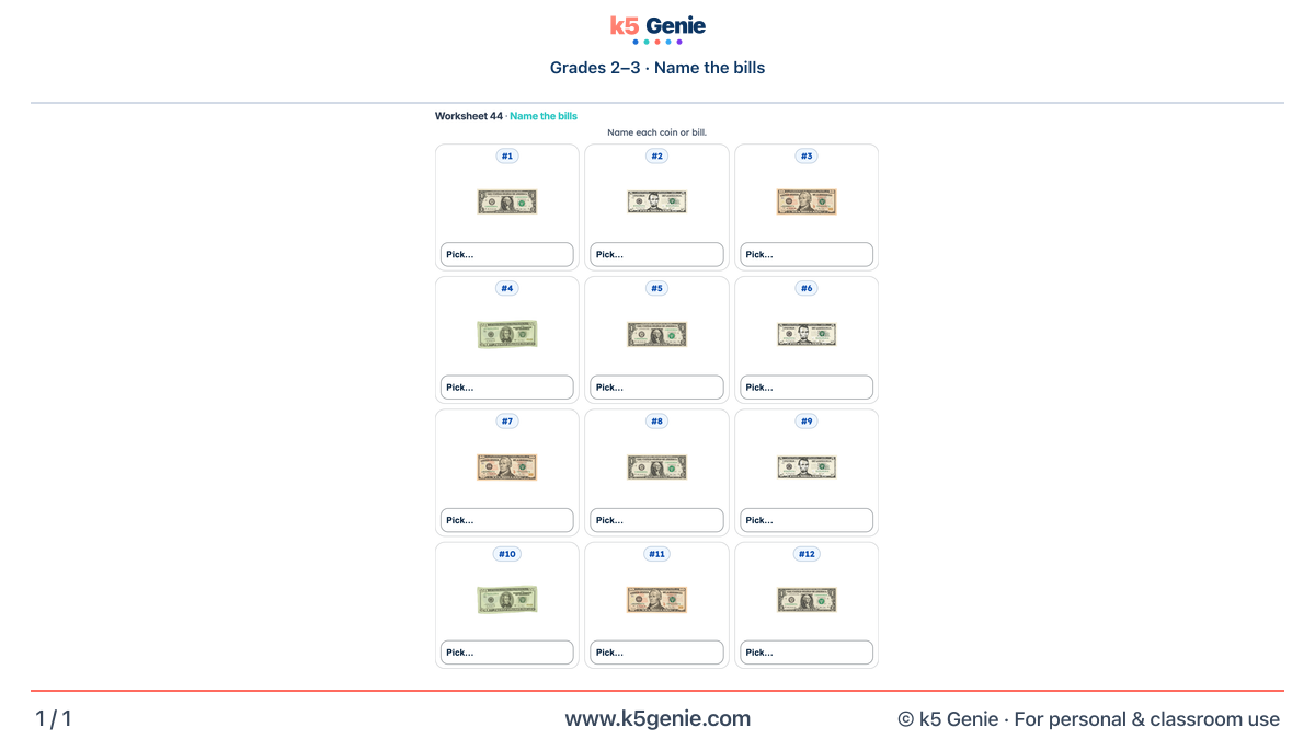 Math Genie worksheet — Name the bills