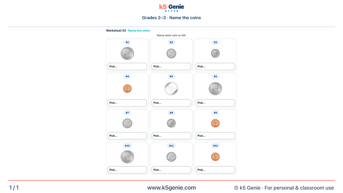 Math Genie worksheet — Name the coins