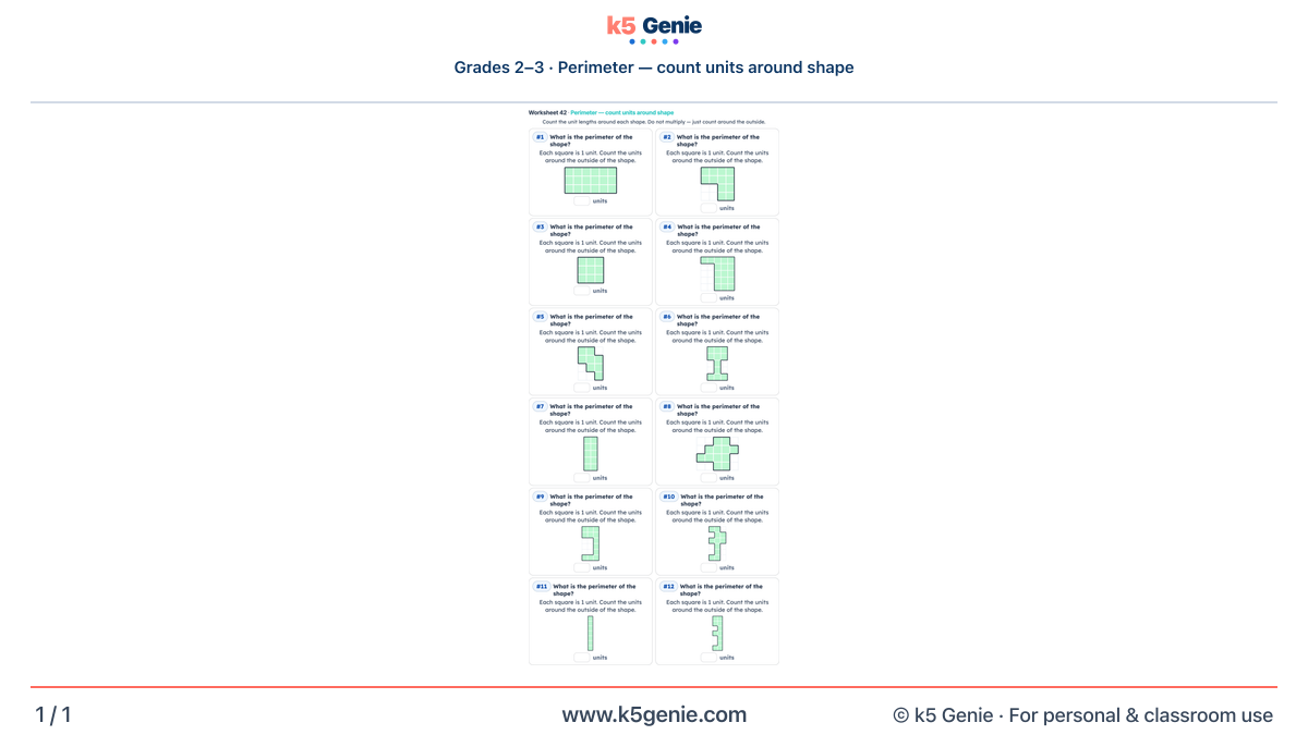 Math Genie worksheet — Perimeter — count units around shape