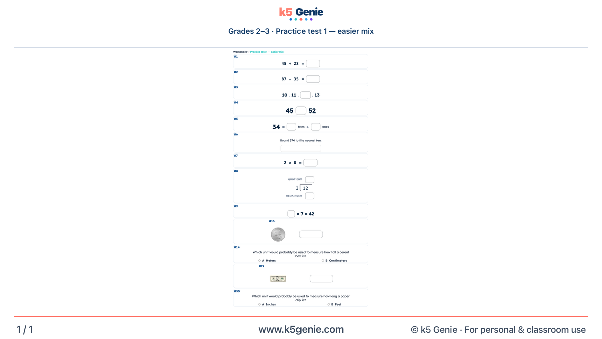 Math Genie worksheet — Practice test 1 — easier mix