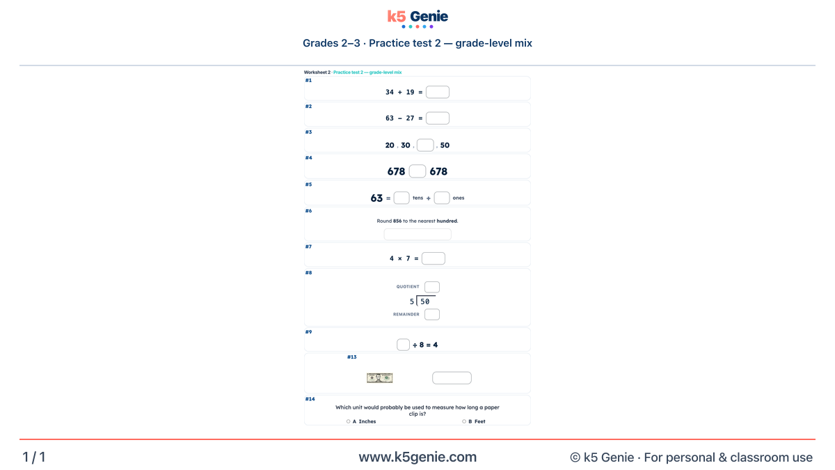 Math Genie worksheet — Practice test 2 — grade-level mix