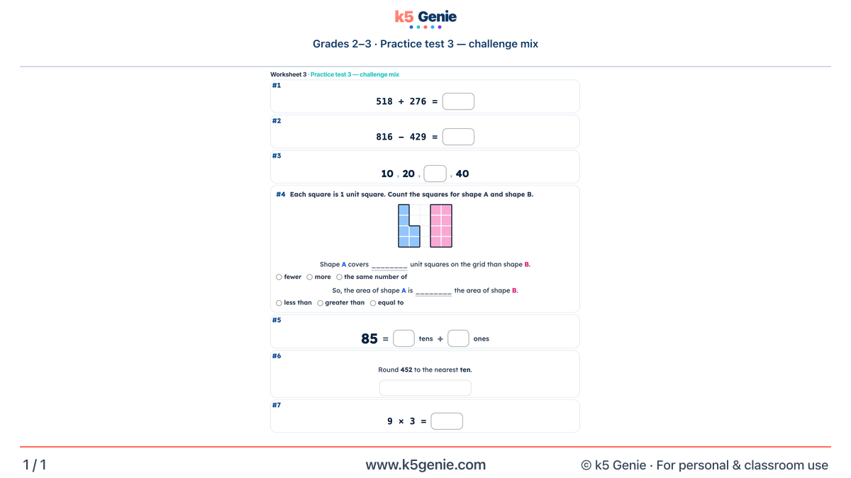 Math Genie worksheet — Practice test 3 — challenge mix