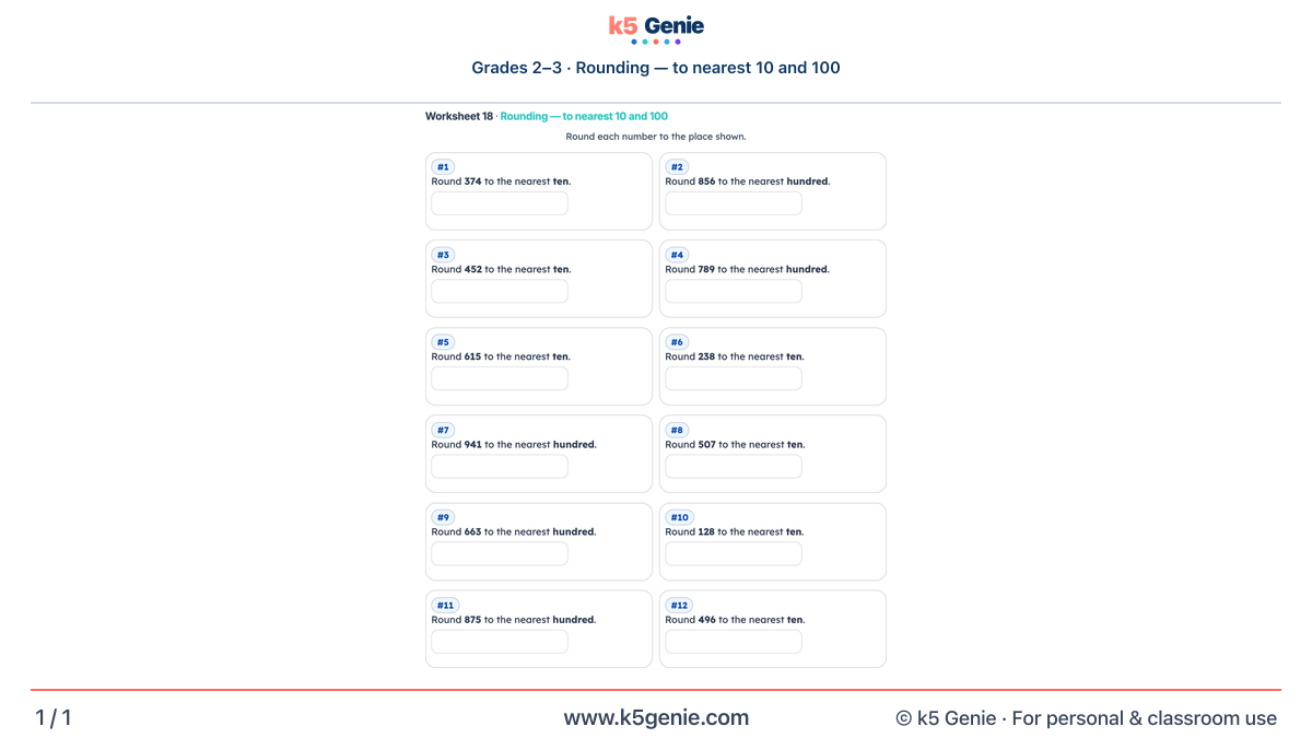 Math Genie worksheet — Rounding — to nearest 10 and 100