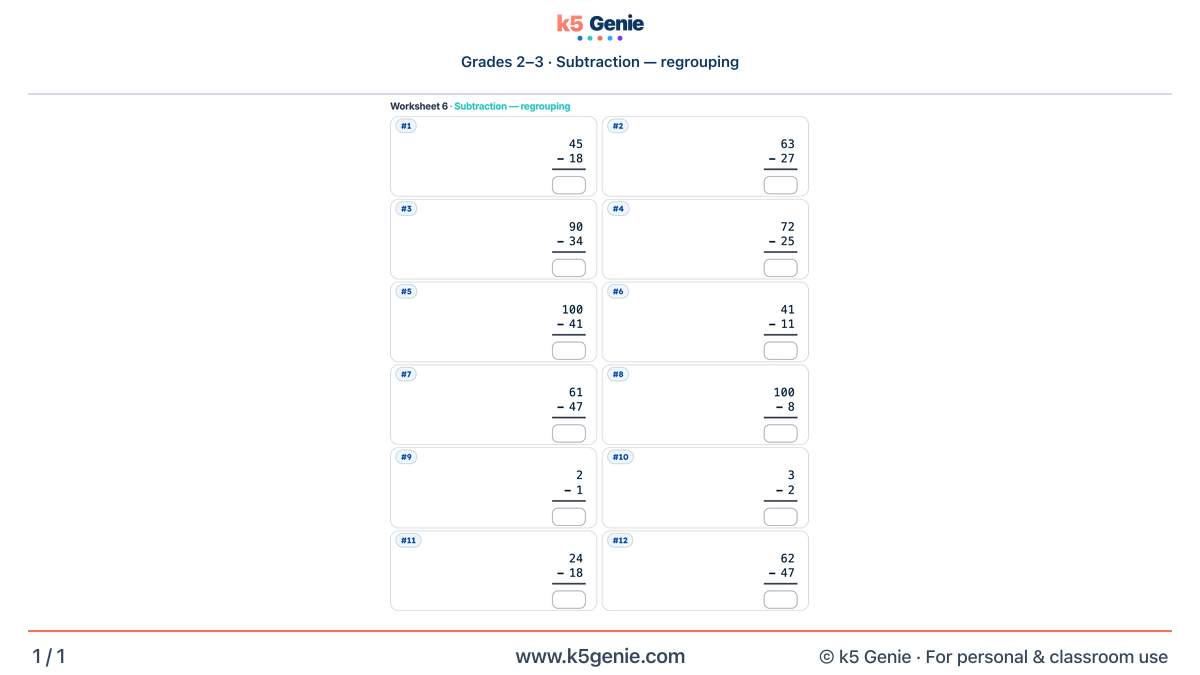 Math Genie worksheet — Subtraction — regrouping