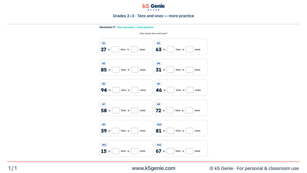 Math Genie worksheet — Tens and ones — more practice