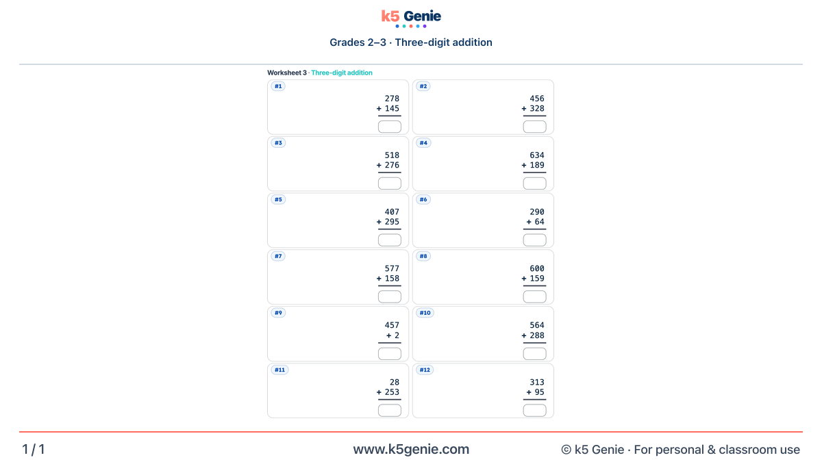 Math Genie worksheet — Three-digit addition