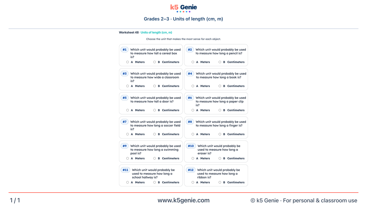 Math Genie worksheet — Units of length (cm, m)