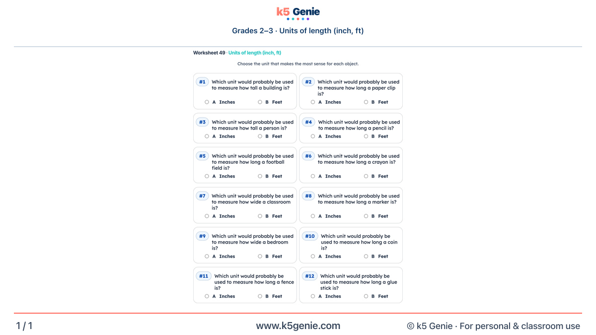 Math Genie worksheet — Units of length (inch, ft)