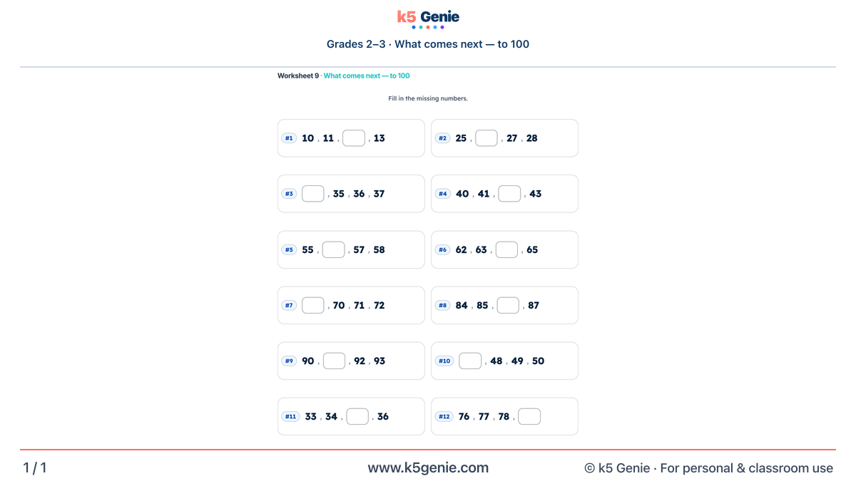 Math Genie worksheet — What comes next — to 100