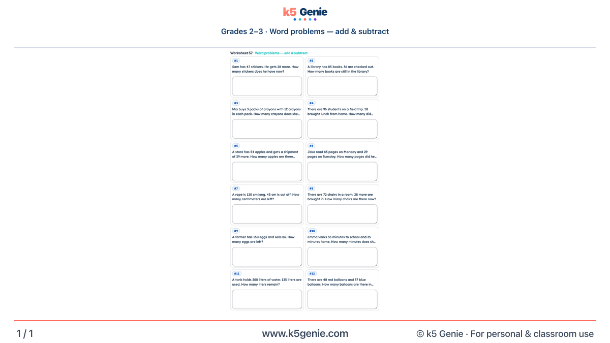 Math Genie worksheet — Word problems — add & subtract