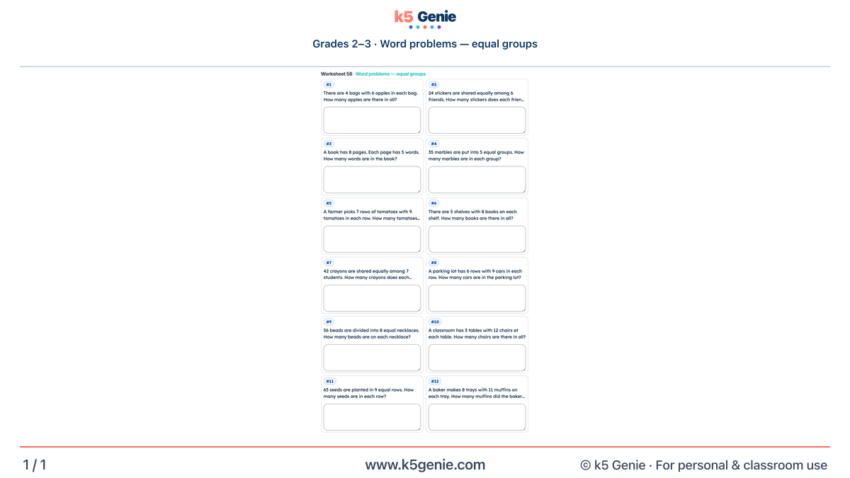 Math Genie worksheet — Word problems — equal groups