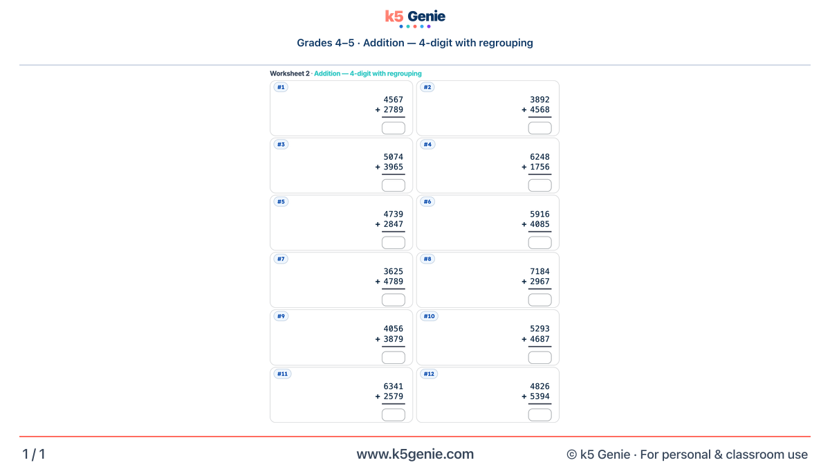 Math Genie worksheet — Addition — 4-digit with regrouping
