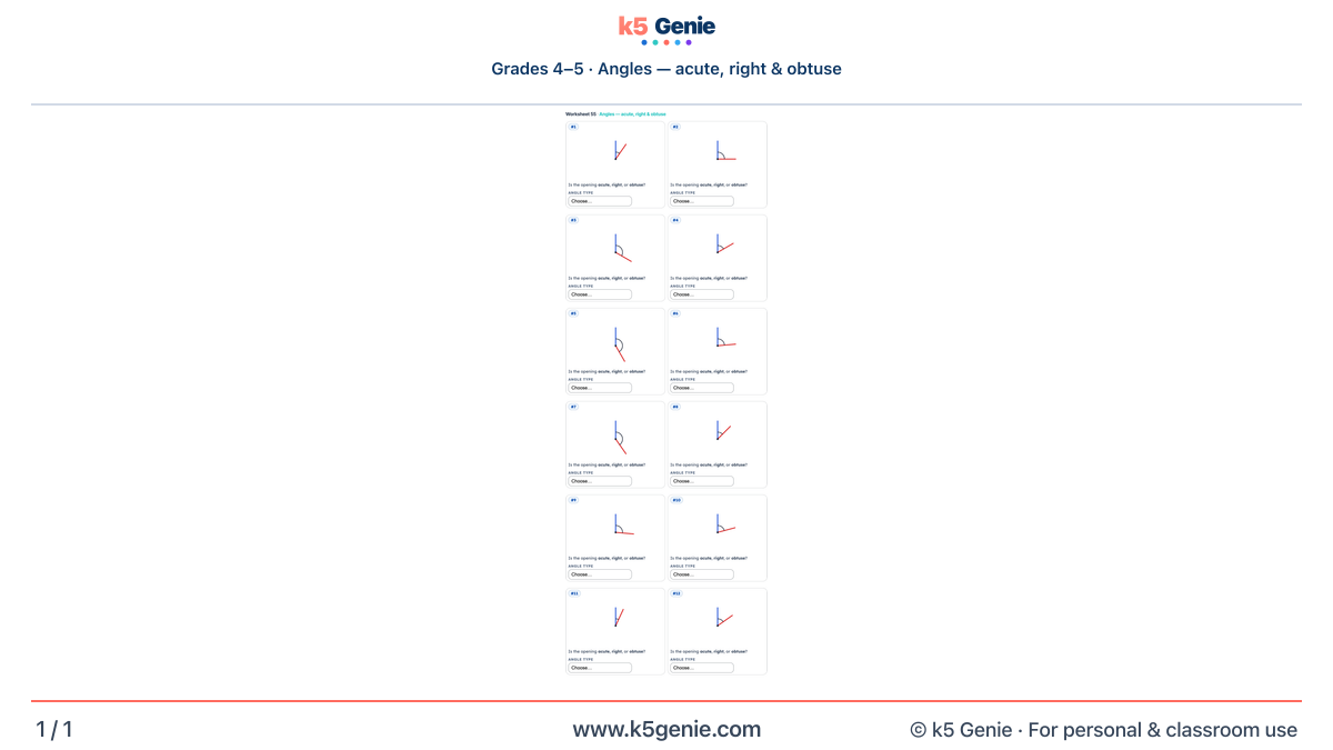 Math Genie worksheet — Angles — acute, right & obtuse