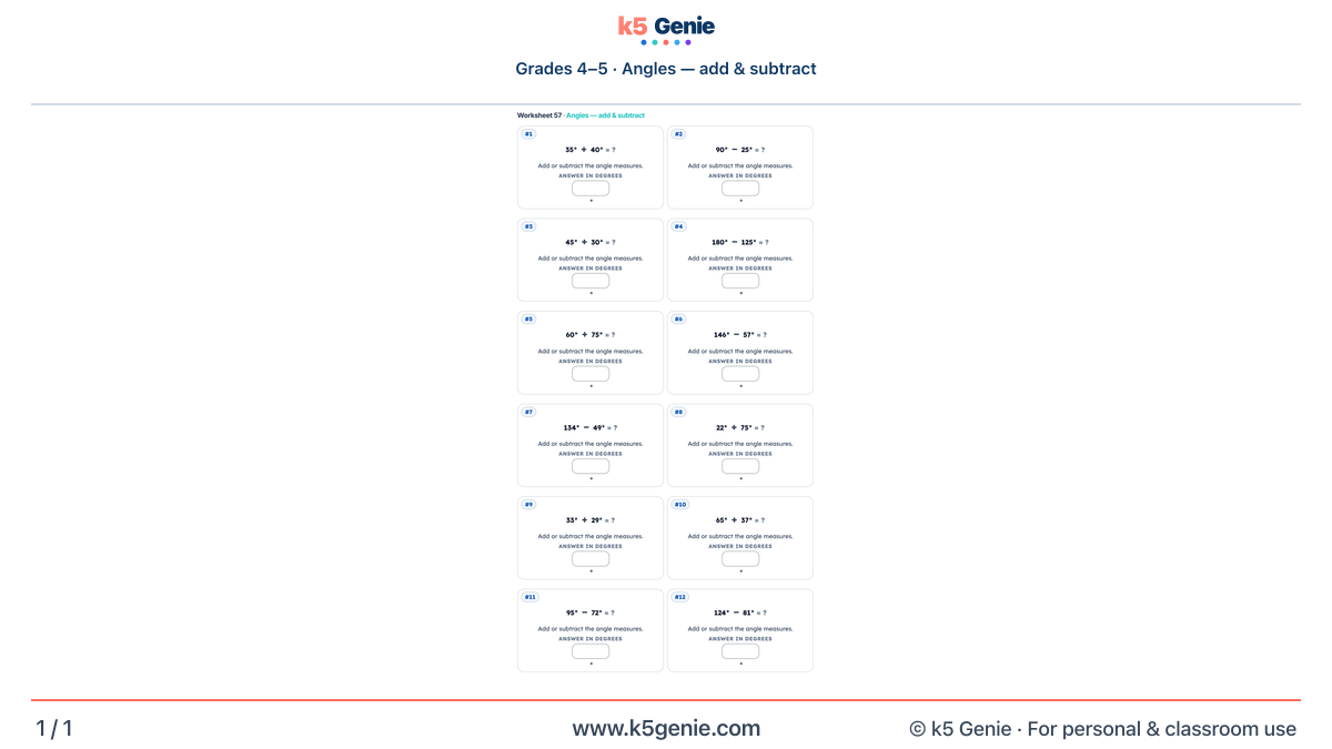 Math Genie worksheet — Angles — add & subtract