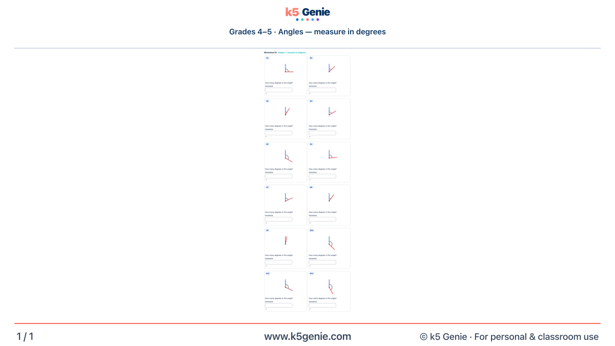 Math Genie worksheet — Angles — measure in degrees