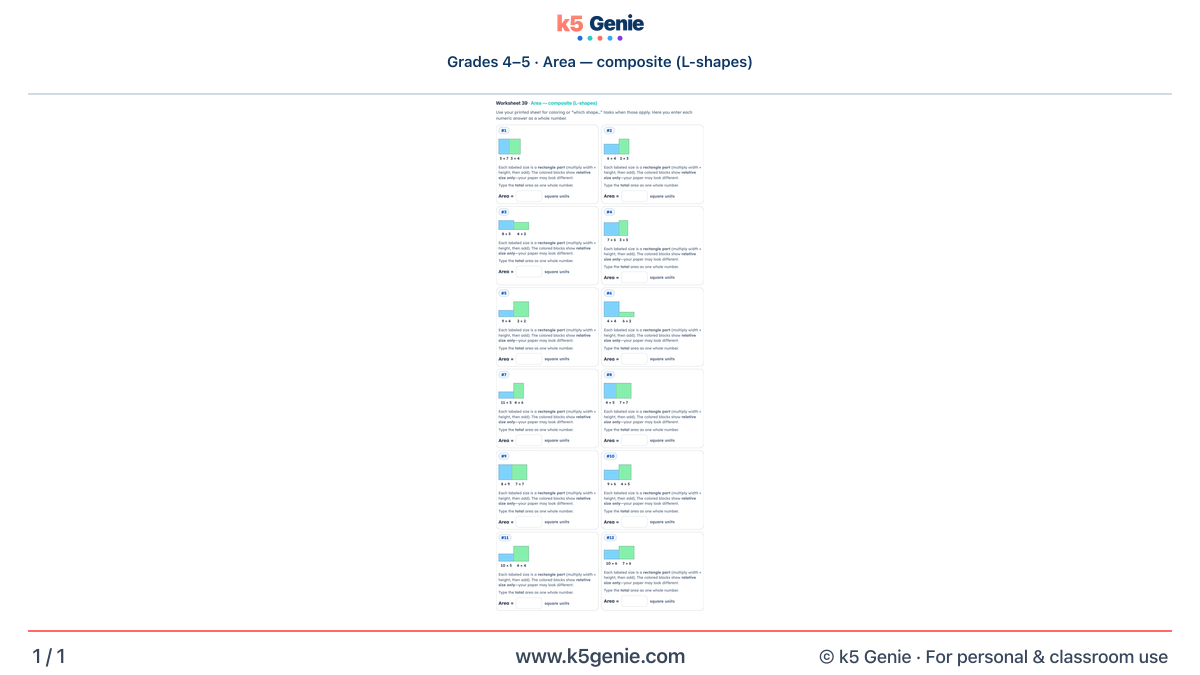 Math Genie worksheet — Area — composite (L-shapes)