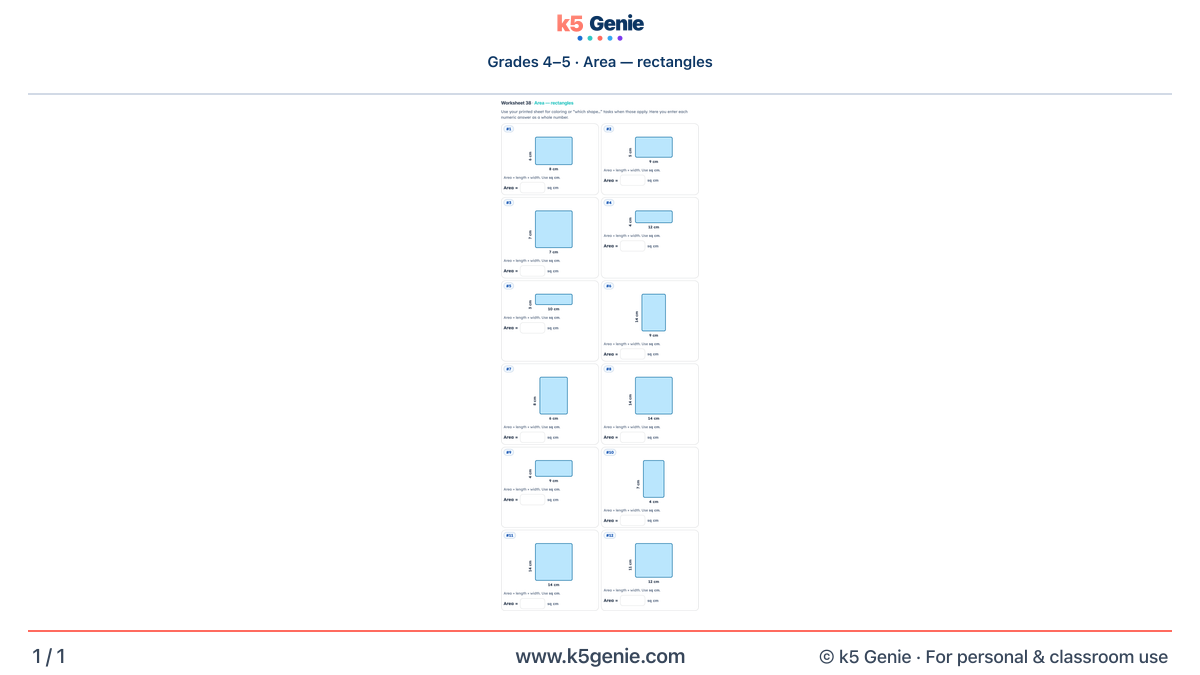 Math Genie worksheet — Area — rectangles