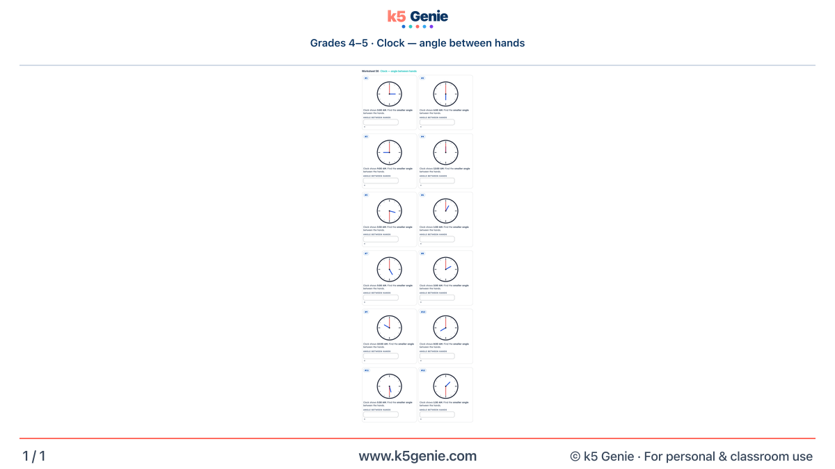 Math Genie worksheet — Clock — angle between hands