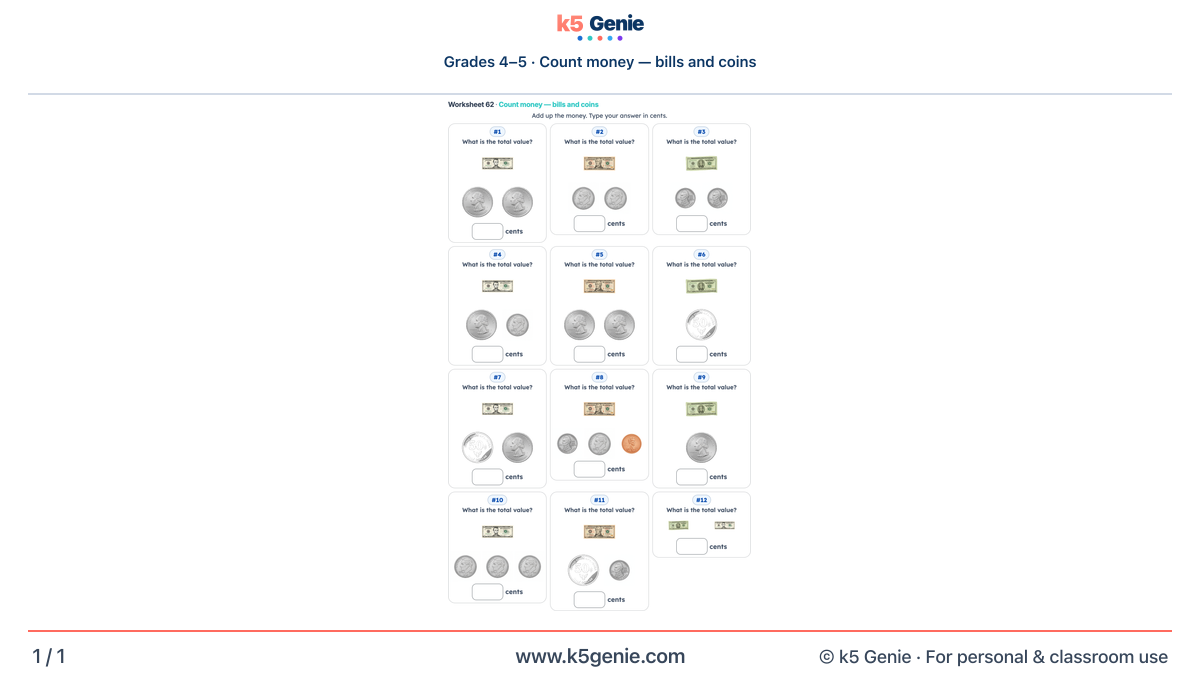Math Genie worksheet — Count money — bills and coins