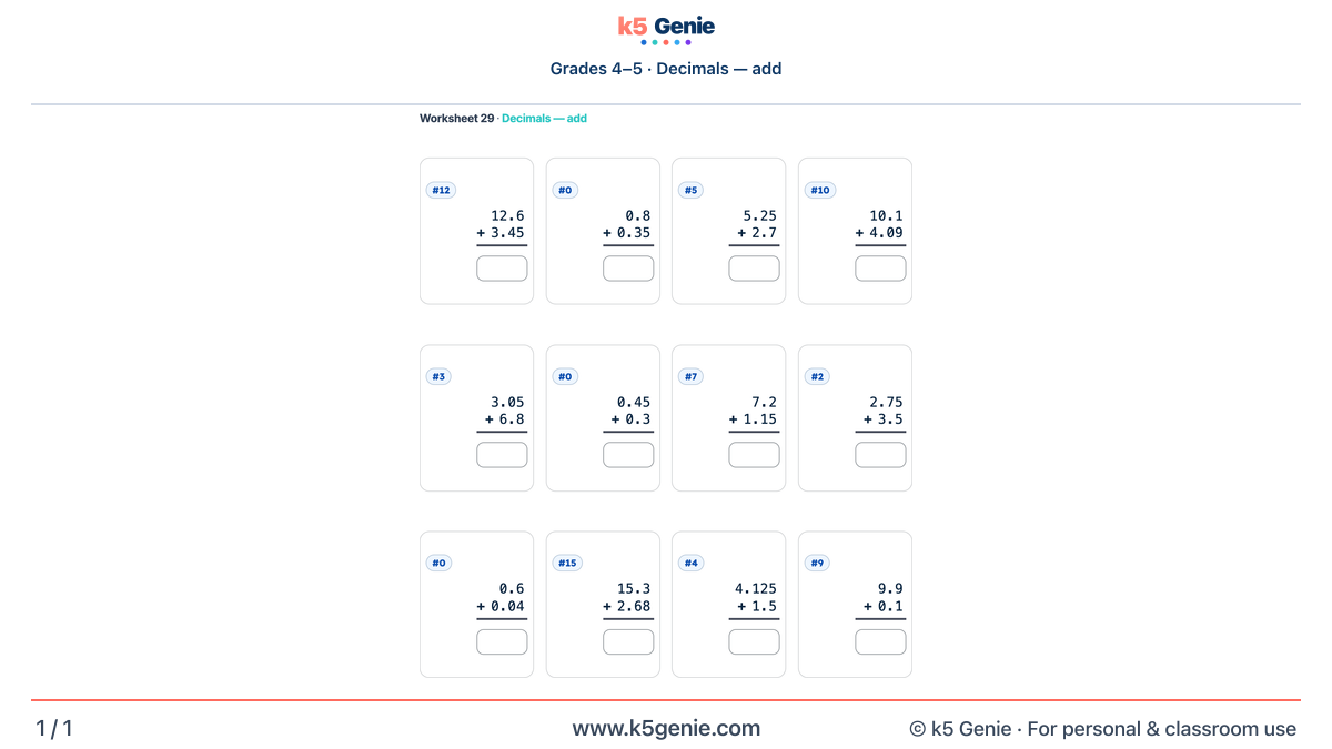 Math Genie worksheet — Decimals — add