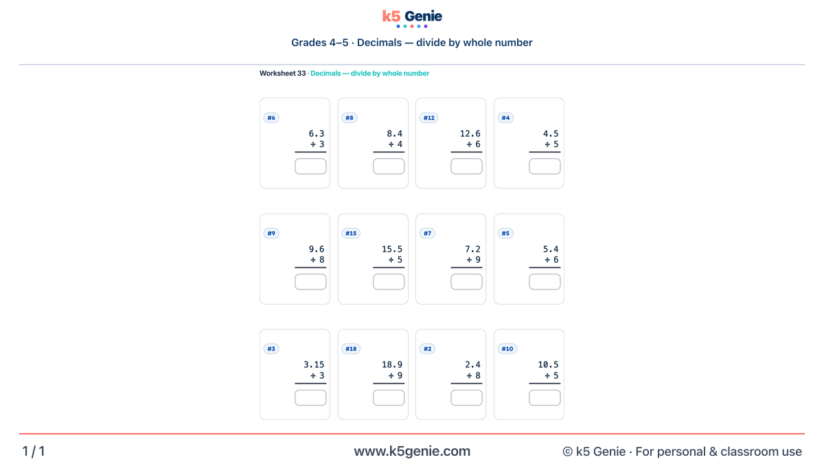 Math Genie worksheet — Decimals — divide by whole number