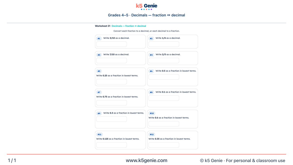 Math Genie worksheet — Decimals — fraction ↔ decimal
