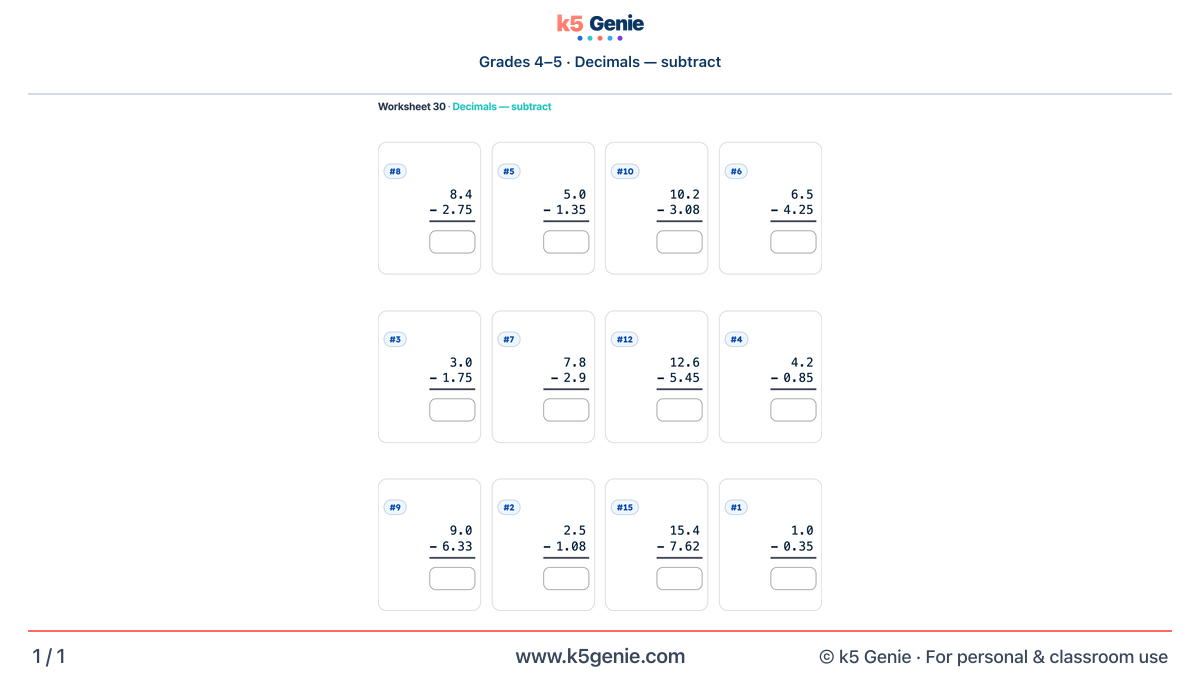 Math Genie worksheet — Decimals — subtract