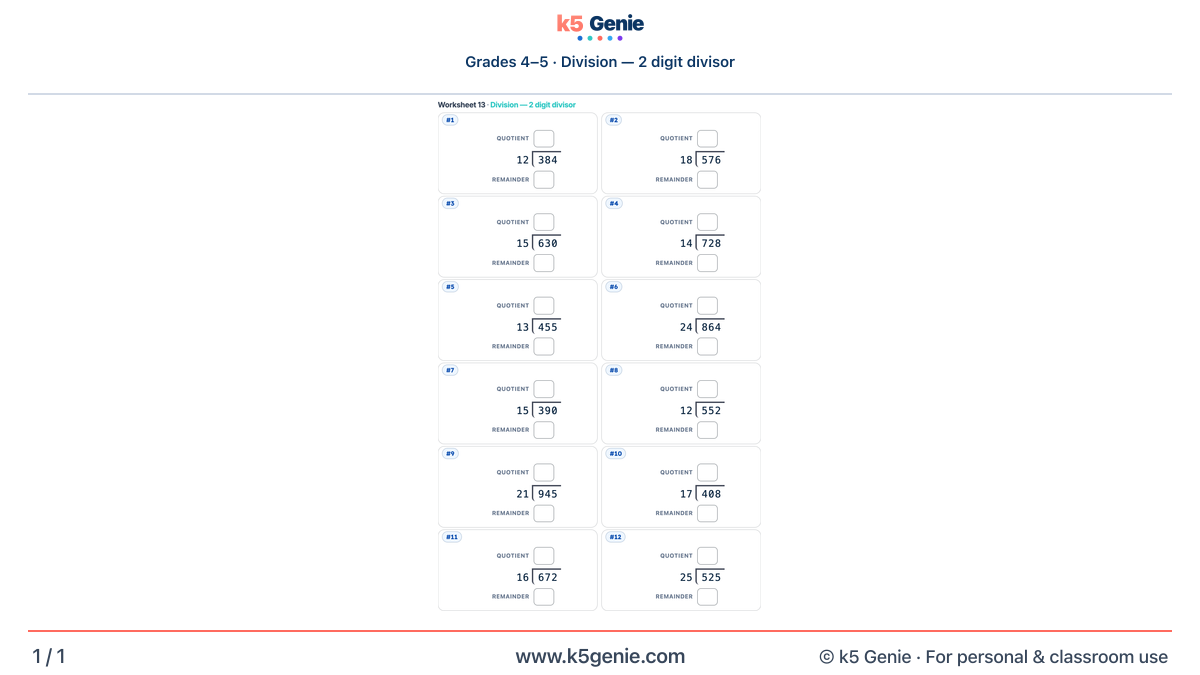 Math Genie worksheet — Division — 2 digit divisor