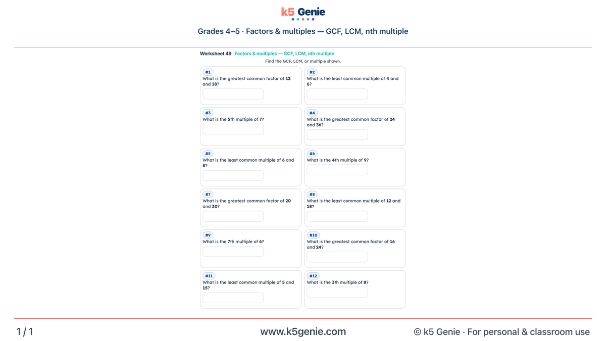 Math Genie worksheet — Factors & multiples — GCF, LCM, nth multiple
