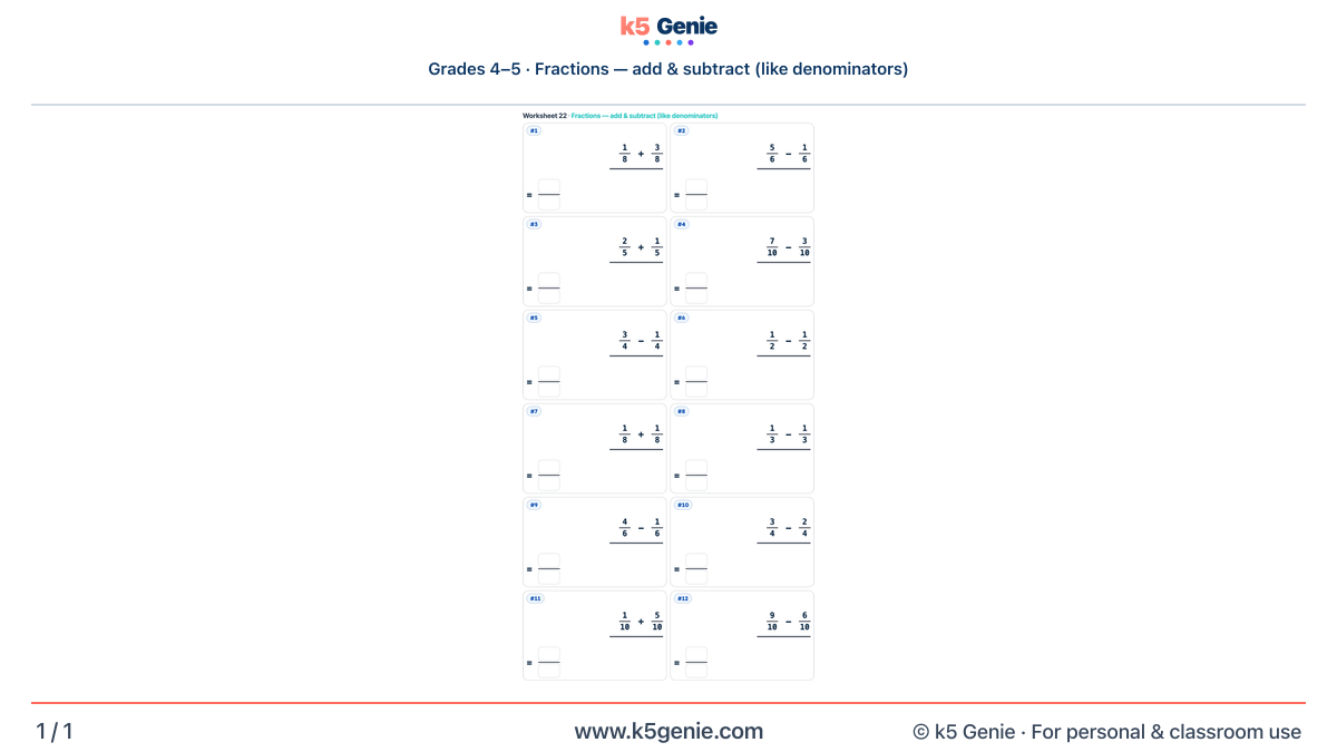 Math Genie worksheet — Fractions — add & subtract (like denominators)