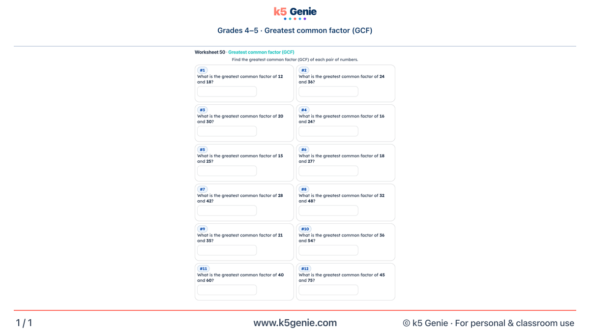 Math Genie worksheet — Greatest common factor (GCF)