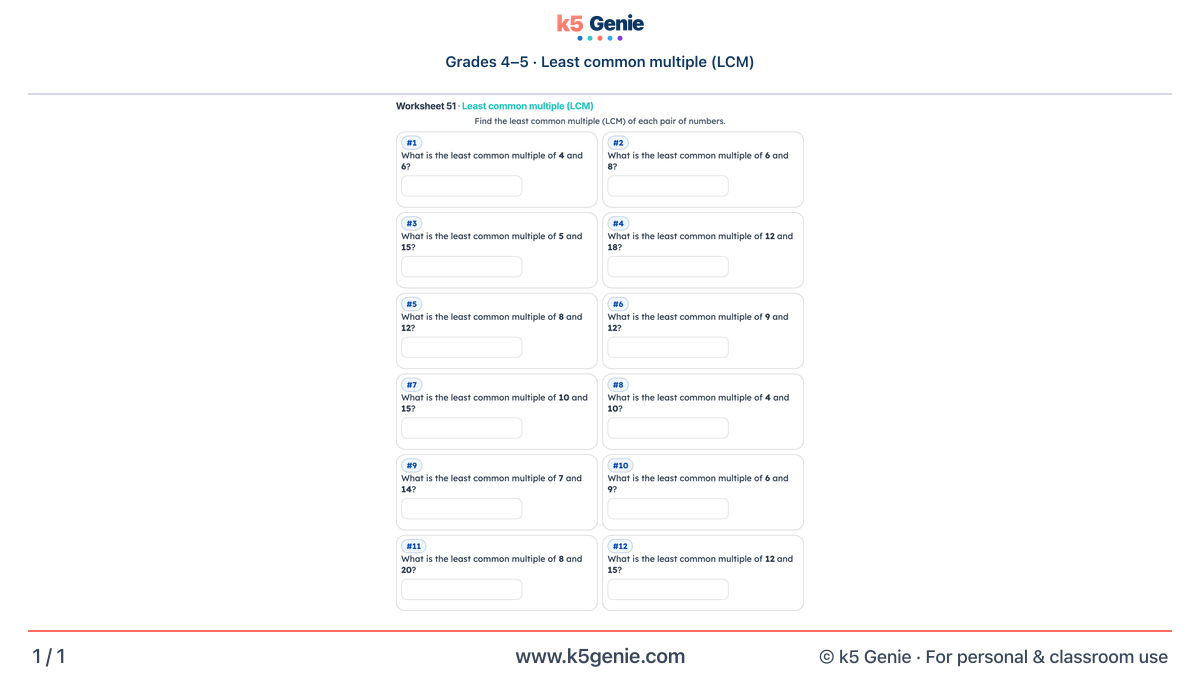Math Genie worksheet — Least common multiple (LCM)