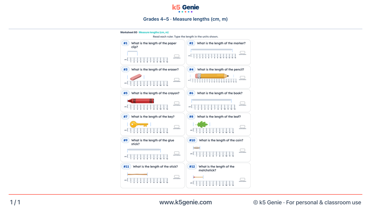 Math Genie worksheet — Measure lengths (cm, m)