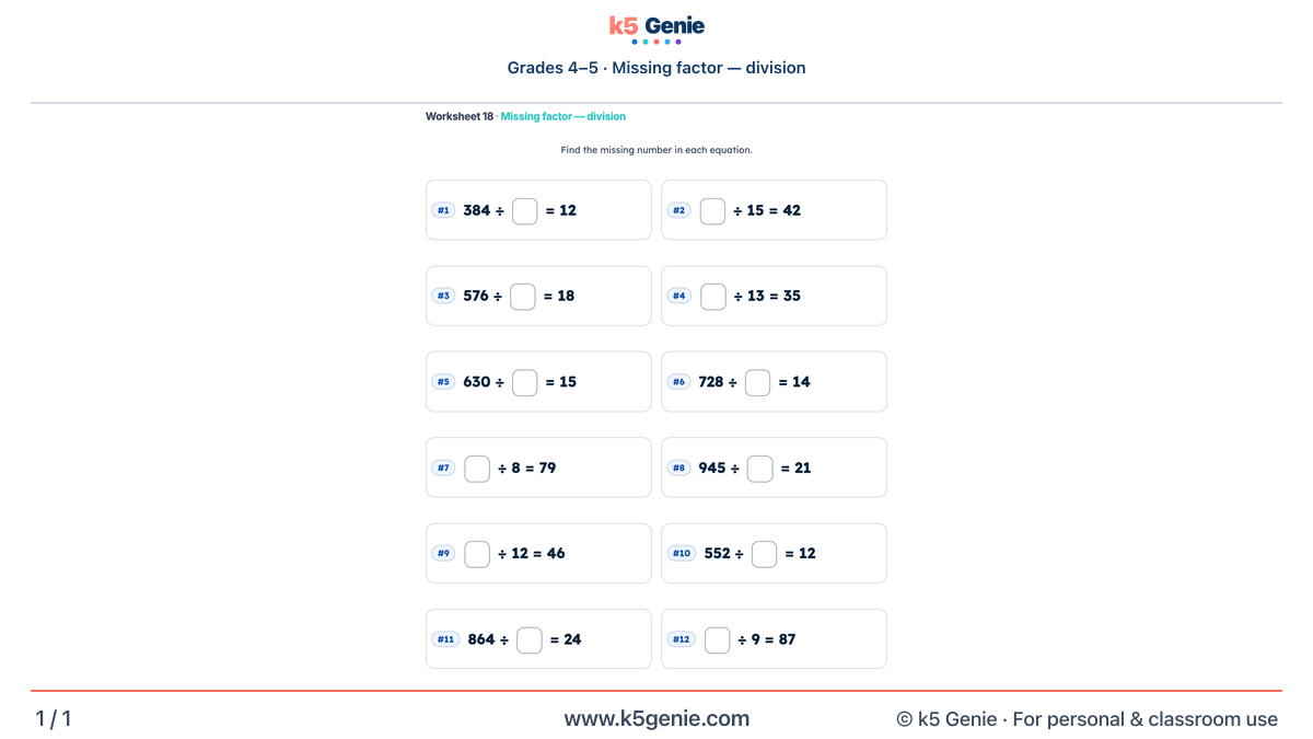 Math Genie worksheet — Missing factor — division