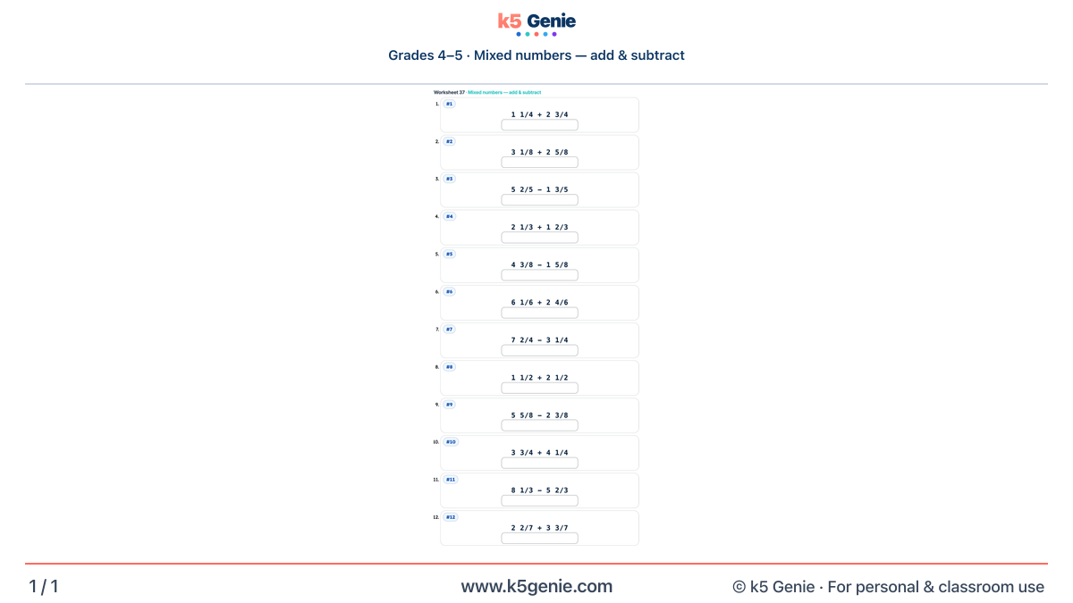 Math Genie worksheet — Mixed numbers — add & subtract