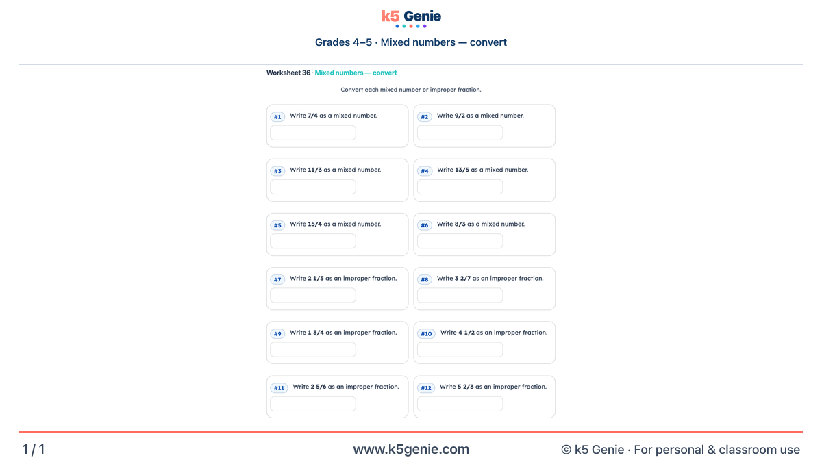Math Genie worksheet — Mixed numbers — convert